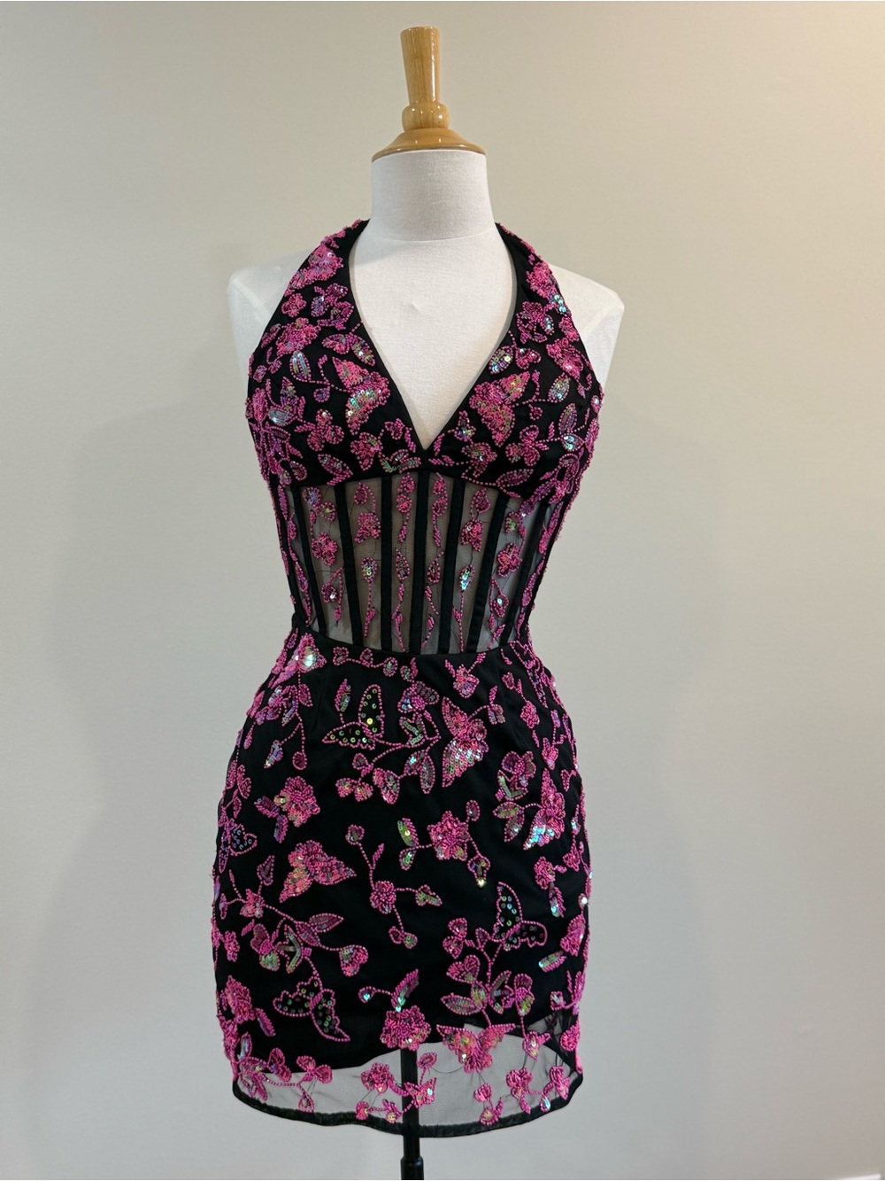 Alyce Paris Black Mini Dress with Pink Sequin Floral Embroidery